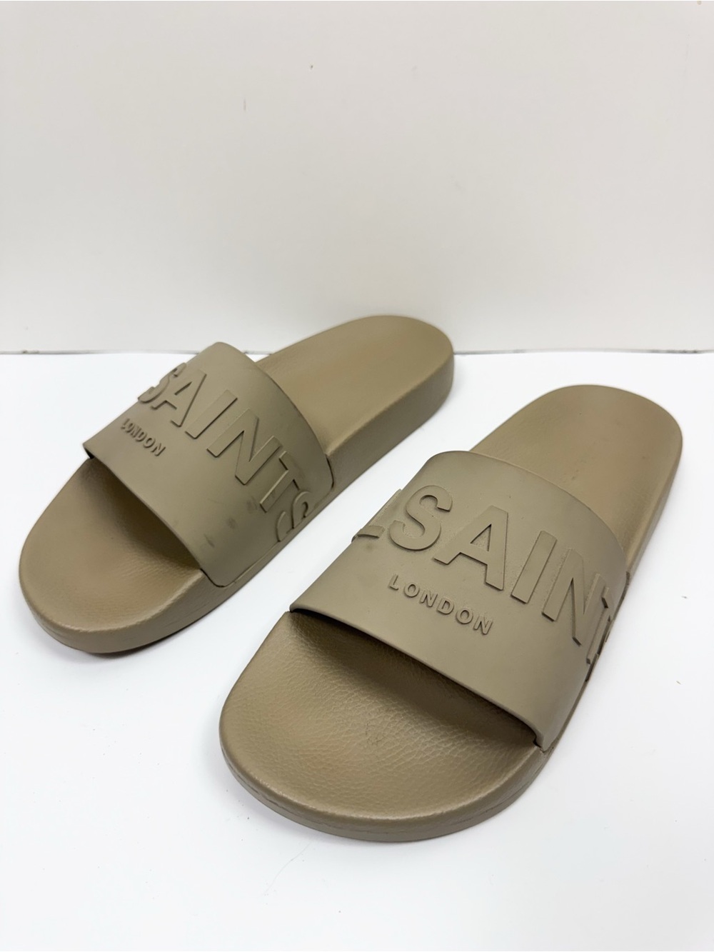 AllSaints Biggy Slider Sandals Mens 10 EU 43 Khaki Olive Green Logo Slides